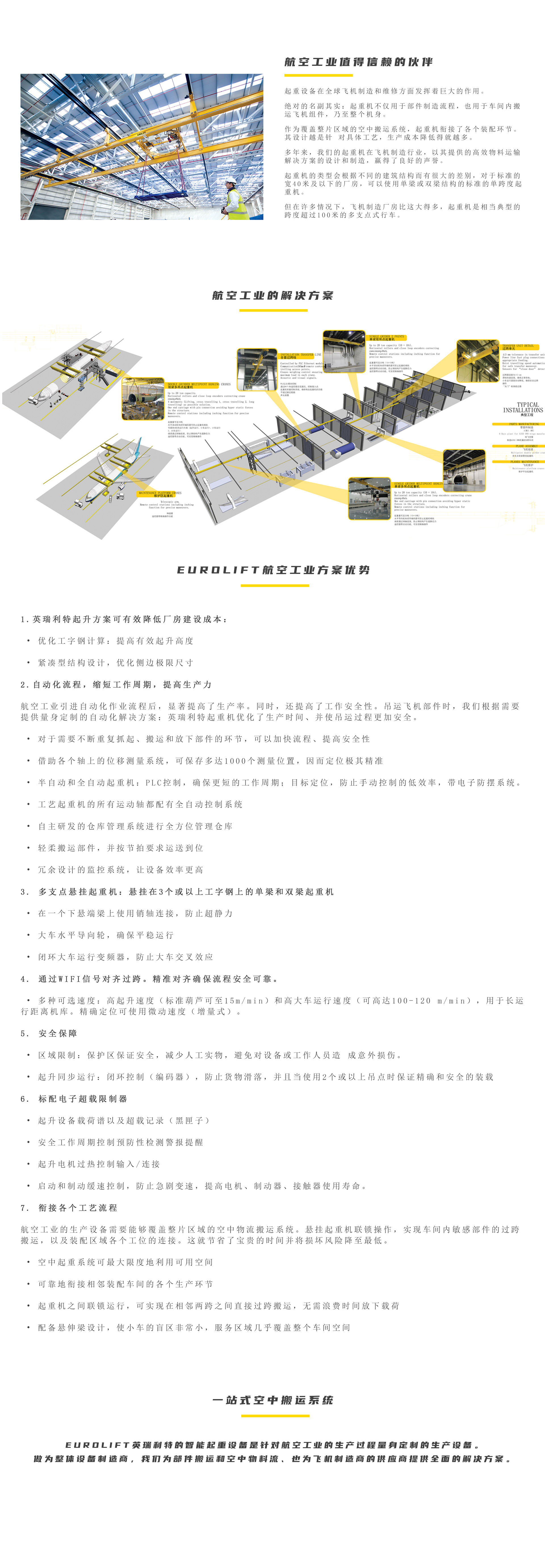 航空工业值得信赖的伙伴
起重设备在全球飞机制造和维修方面发 挥着巨大的作用。绝对的名副其实：起重机不仅用于部件制造流程，也用于车 间内搬运飞机组件，乃至整个机身。作为覆盖整片区域的空中搬运系统，起重 机衔接了各个装配环节。其设计越是针 对具体工艺，生产成本降低得就越多。

多年来，我们的起重机在飞机制造行业，以其提供的高效物料运输解决方案的设计和制造，赢得了良好的声誉。

起重机的类型会根据不同的建筑结构而有很大的差别，对于标准的宽40米及以下的厂房，可以使用单梁或双梁结构的标准的单跨度起重机。但在许多情况下，飞机制造厂房比这大得多，起重机是相当典型的跨度超过100米的多支点式行车。

 

 

 

航空业的工艺解决方案图




 
航空工业方案优势


1.EUROLIFT英瑞利特起升方案可有效降低厂房建设成本：

• 优化工字钢计算：提高有效起升高度

• 紧凑型结构设计，优化侧边极限尺寸

2.自动化流程，缩短工作周期，提高生产力

航空工业引进自动化作业流程后，显著提 高了生产率。同时，还提高了工作安全性。 吊运飞机部件时，我们根据需要提供量身 定制的自动化解决方案：EUROLIFT英瑞利特起重机优化了生产时

间、并使吊运过程更加安全。

• 对于需要不断重复抓起、搬运和放下部 件的环节，可以加快流程、提高安全性

• 借助各个轴上的位移测量系统，可保存多达1000个测量位置，因而定位极其 精准

• 半自动和全自动起重机：PLC控制，确保更短的工作周期；目标定位，防止手动控制的低效率，带电子防摆系统。

• 工艺起重机的所有运动轴都配有全自动控制系统

• 自主研发的仓库管理系统进行全方位管理仓库

• 轻柔搬运部件，并按节拍要求运送到位

• 冗余设计的监控系统，让设备效率更高

3. 多支点悬挂起重机：悬挂在3个或以上工字钢上的单梁和双梁起重机

• 在一个下悬端梁上使用销轴连接，防止超静力

• 大车水平导向轮，确保平稳运行

• 闭环大车运行变频器，防止大车交叉效应

4. 通过WIFI信号对齐过跨。精准对齐确保流程安全可靠。

• 多种可选速度：高起升速度（标准葫芦可至15m/min）和高大车运行速度（可高达100-120 m/min），用于长运行距离机库。精确定位可使用微动速度（增量式）。

5. 安全保障

• 区域限制：保护区保证安全，减少人工实物，避免对设备或工作人员造 成意外损伤。

• 起升同步运行：闭环控制（编码器），防止货物滑落，并且当使用2个或以上吊点时保证精确和安全的装载

6. 标配电子超载限制器

• 起升设备载荷谱以及超载记录（黑匣子）

• 安全工作周期控制预防性检测警报提醒

• 起升电机过热控制输入/连接

• 启动和制动缓速控制，防止急剧变速，提高电机、制动器、接触器使用寿命。

7. 衔接各个工艺流程

航空工业的生产设备需要能够覆盖整片 区域的空中物流搬运系统。悬挂起重机 联锁操作，实现车间内敏感部件的过跨 搬运，以及装配区域各个工位的连接。 这就节省了宝贵的时间并

将损坏风险降 至最低。

安全、高效：

• 空中起重系统可最大限度地利用可用空间

• 可靠地衔接相邻装配车间的各个生产环节

• 起重机之间联锁运行，可实现在相邻两跨之间直接过跨搬运，无需浪费时间放下载荷

• 配备悬伸梁设计，使小车的盲区非常小，服务区域几乎覆盖整个车间空间

 

一站式空中搬运系统


EUROLIFT英瑞利特的智能起重机是针对航空工业的生产过程量身定制的生产设备。 做为整体设备制造商，我们为部件搬运和空中物料流、也为飞机制造商的供应商提供全面的解决方案